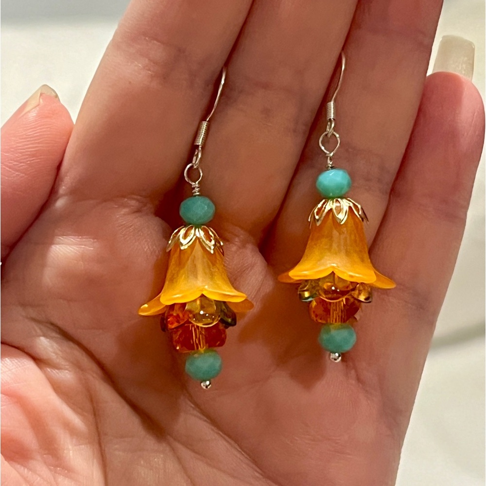 New Beautiful Bright Orange & Aqua Blue Crystal Tiger Lily Earrings